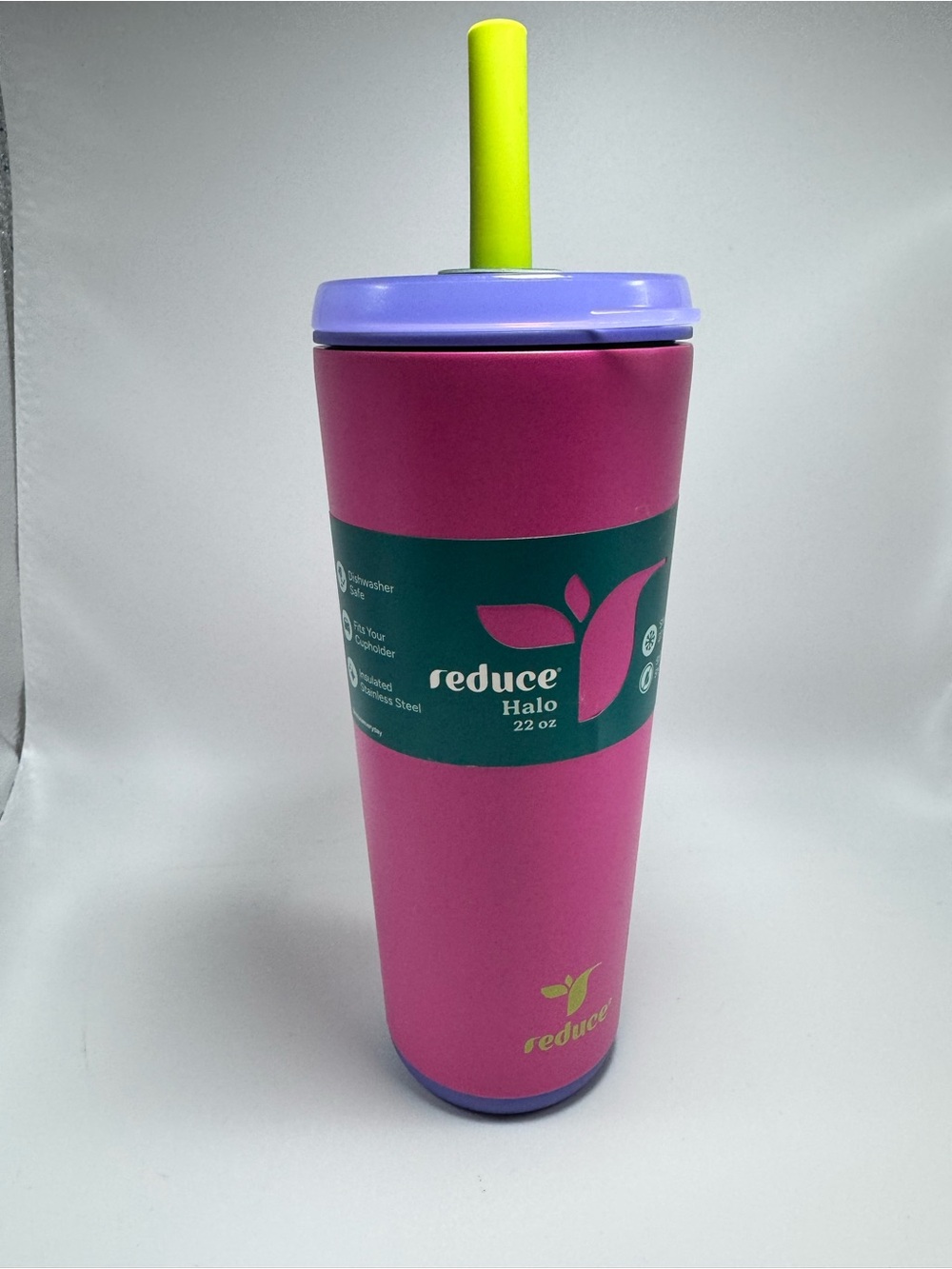 Reduce Halo 22 oz Pink Insulated Tumbler with Purple Lid and Yellow Straw - Picture 2 of 5